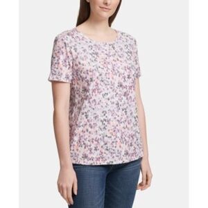 DKNY Sequin Short Sleeve Crewneck Top Cream Pink